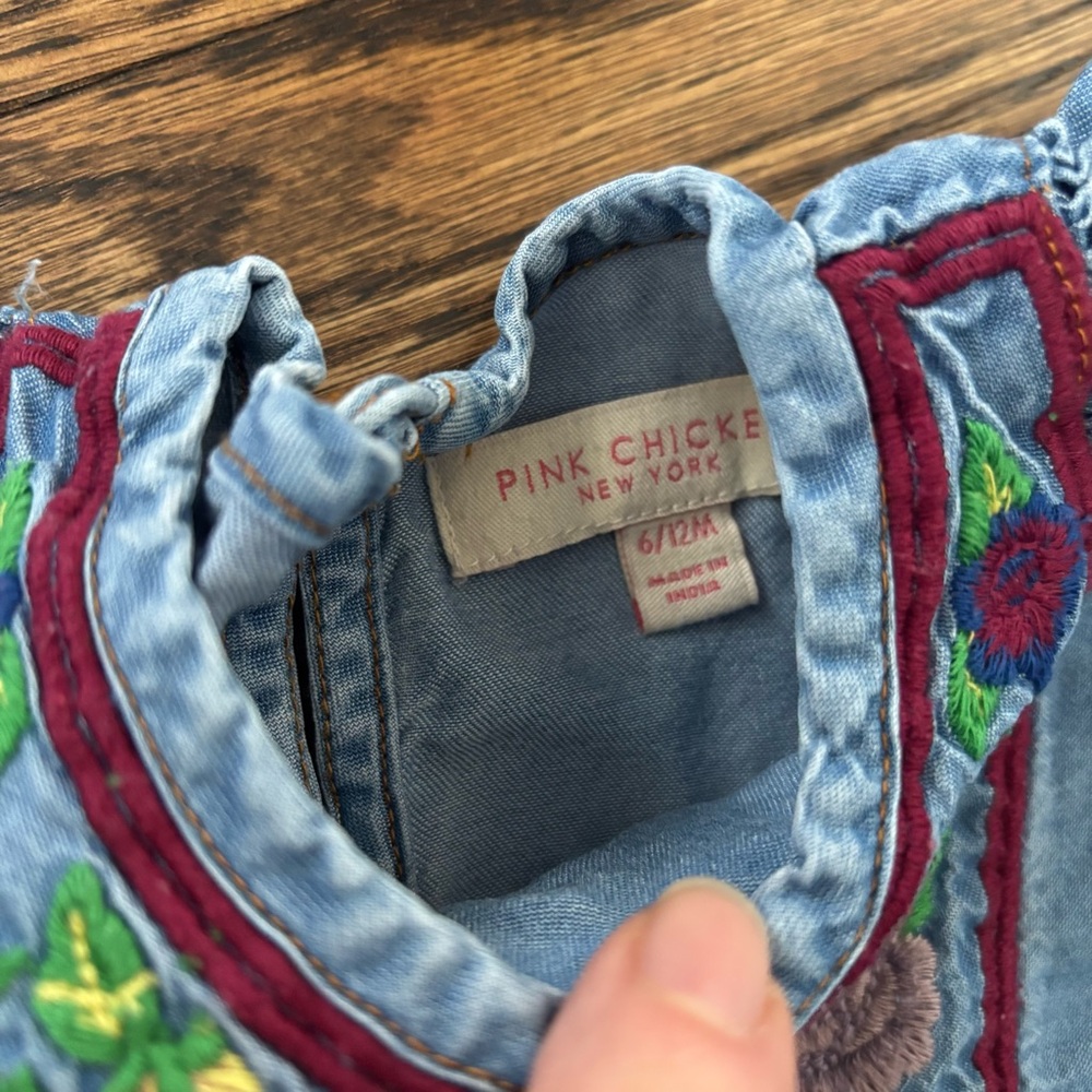 Pink Chicken Denim Dress with Floral Embroidery - Picture 3 of 3